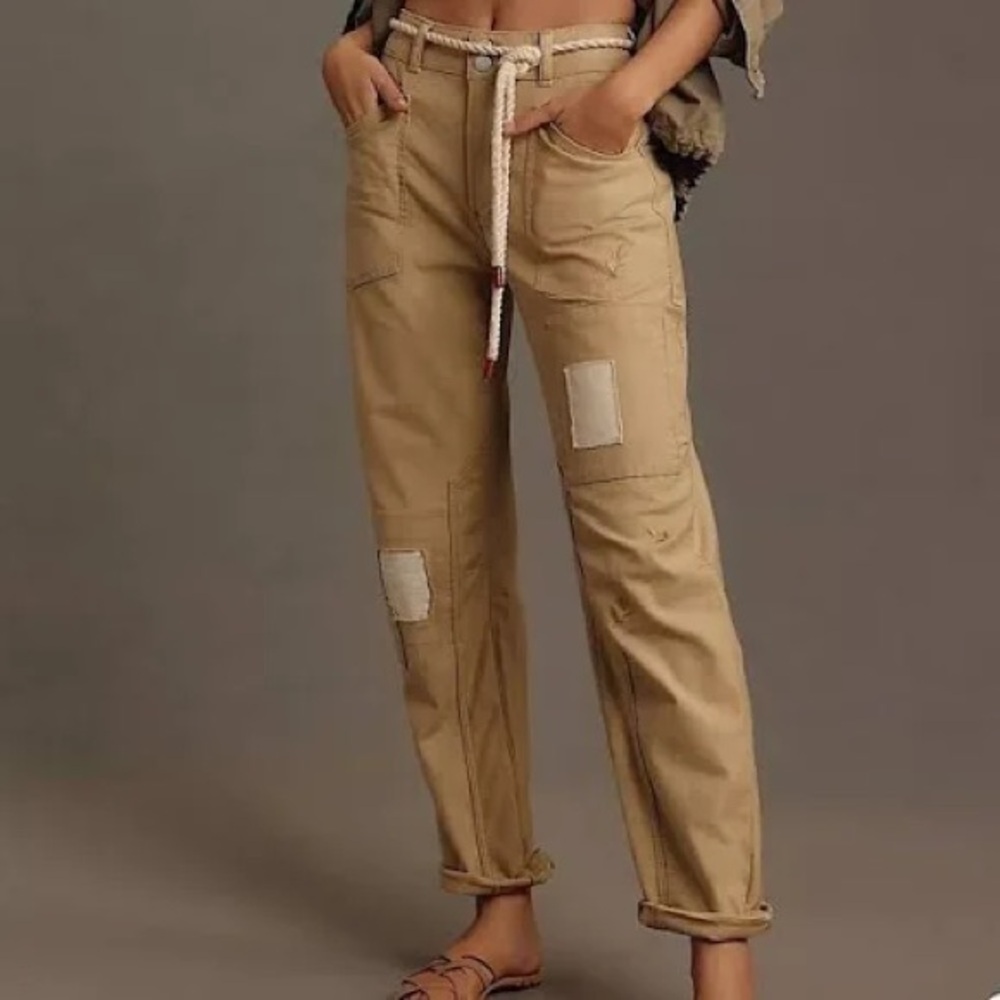 Anthropologie Tan Boyfriend Jeans with Distressing and Drawstring Waist